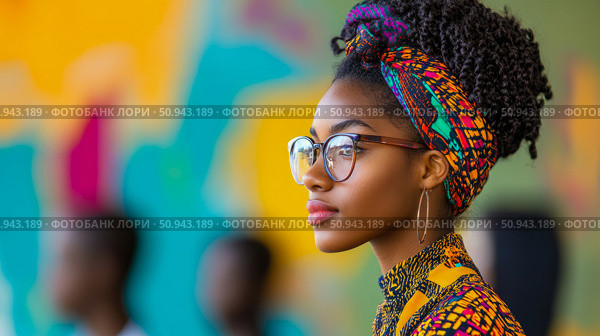 Profile portrait of a young african woman with colorful headwrap and glasses, with abstract background. Стоковое AI-изображение, AI-художник Данила Большаков / Фотобанк Лори