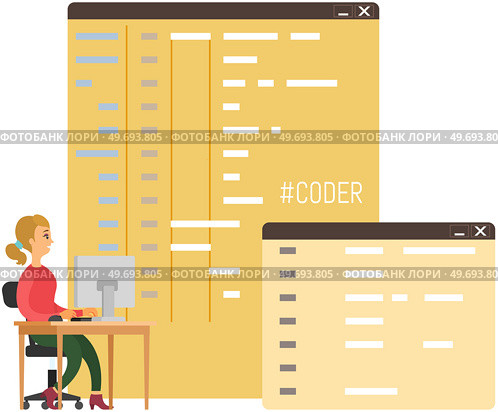 Programmer engineering and coding. Programmer working on web development on computers. Concept of script coding and programming in php, javascript, python, other languages. Software developer. Programmer engineering and coding. Set of programmers working on web development on computers. Стоковая иллюстрация, агентство Ingram Publishing / Фотобанк Лори