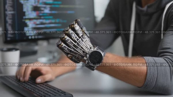 Programmer showing robotic hand while working on computer. Стоковое AI-видео, аниматор Юрий Поздников / Фотобанк Лори