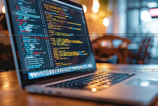 Programming work environment with open laptop displaying colorful code on wooden table. Стоковое AI-изображение, AI-художник Юрий Поздников / Фотобанк Лори