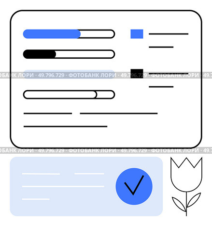 Progress bars at different stages beside checkboxes, a checked circle, and tulip line drawing. Ideal for project management, task tracking, productivity, analytics, progress reporting, design. Progress Bars and Checkmark Inside Digital Interface with Tulip Icon Representing Completion. Стоковая иллюстрация, агентство Ingram Publishing / Фотобанк Лори