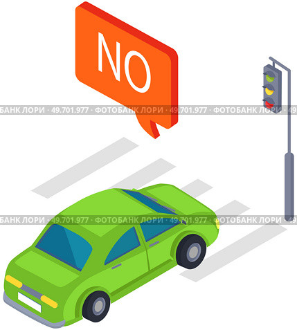 Prohibition for car near pedestrian crossing. Driver stops in front of crosswalk. Transportation in city with traffic rules. Track with car and road marking. Automobile stands at traffic light. Prohibition for car near pedestrian crossing. Driver stops in front of crosswalk with traffic light. Стоковая иллюстрация, агентство Ingram Publishing / Фотобанк Лори