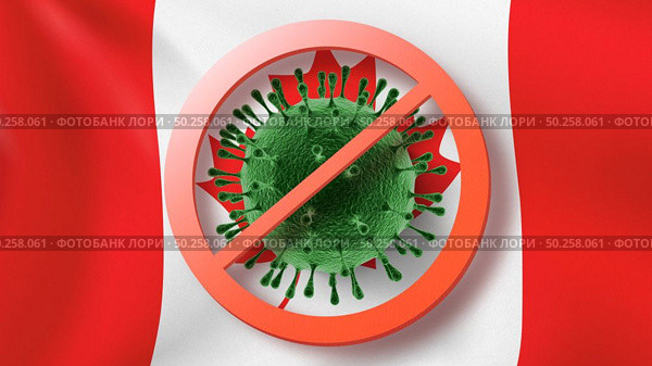 Prohibition sign with crossed out Coronavirus bacteria on the background of Canadian flag. Rapid spread of Coronavirus, Covid 19 in the world. Global calamity. Quarantine concept.. Warning sign with crossed out Coronavirus bacteria on the background of Canadian flag. Стоковое фото, агентство Ingram Publishing / Фотобанк Лори