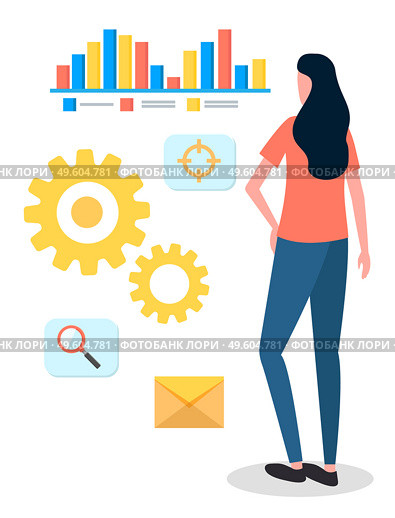 Project management and financial report strategy. Consulting team, business analysis planning. Woman office worker analyzes demand on presentation with charts, choosing way to attract customers. Project management and financial report strategy. Choosing way to attract customers. Consulting team. Стоковая иллюстрация, агентство Ingram Publishing / Фотобанк Лори