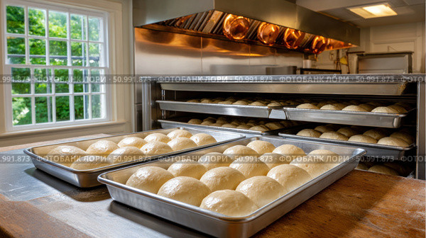 Proofing bread dough rising in trays in restaurant kitchen. Стоковое фото, фотограф Юрий Поздников / Фотобанк Лори