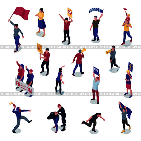 Protesting people with placards and flags during manifestation or picketing set of isometric icons isolated vector illustration. Protesting People Isometric Set. Стоковая иллюстрация, агентство Ingram Publishing / Фотобанк Лори