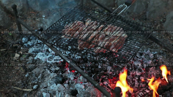 Процесс приготовления мяса на решетке на углях костра. Стоковое видео, видеограф Кекяляйнен Андрей / Фотобанк Лори