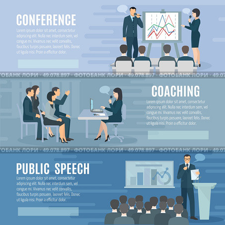 Public Speaking Flat Horizontal Banners Set . Public speech coaching and visual aids presentation skills information 3 horizontal banners set abstract isolated illustration vector. Стоковая иллюстрация, агентство Ingram Publishing / Фотобанк Лори