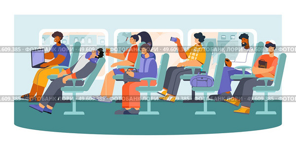 Public transport long distance bus passengers snoozing making photos messaging from phone pc flat composition vector illustration. Transport Bus Flat Composition. Стоковая иллюстрация, агентство Ingram Publishing / Фотобанк Лори