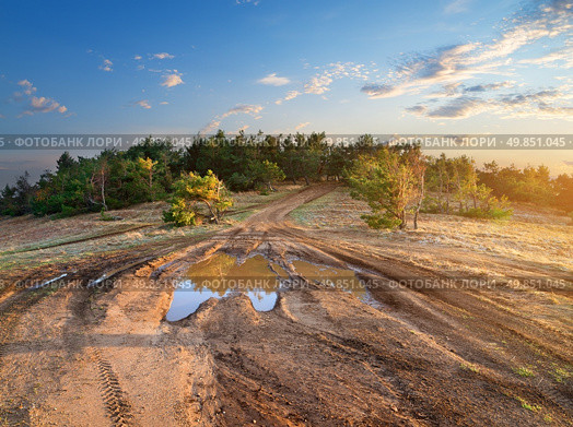 Puddle on a country road to mountain forest. Стоковое фото, агентство Ingram Publishing / Фотобанк Лори