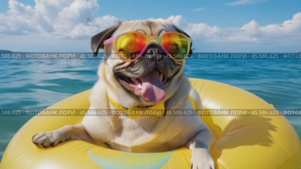 Pug in sunglasses swimming in an inflatable ring on the sea. Стоковое AI-видео, аниматор Виктория Кольцова / Фотобанк Лори