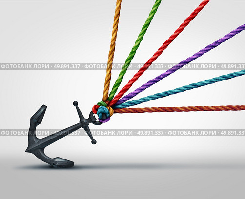 Pulling together community cooperation concept as a group of ropes that work together to pull on a heavy anchor as a metaphor for social teamwork success with 3D illustration elements. Стоковое фото, агентство Ingram Publishing / Фотобанк Лори