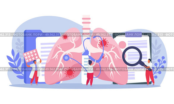Pulmonologists doing lung inspection with stethoscope flat composition vector illustration. Стоковая иллюстрация, агентство Ingram Publishing / Фотобанк Лори