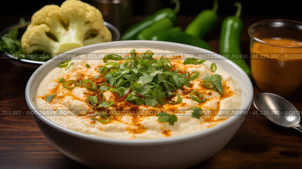 pureed spicy cauliflower white ai generated. Стоковое AI-изображение, AI-художник Vectorwin / Фотобанк Лори