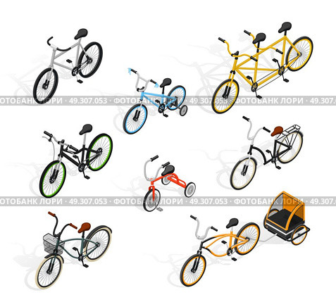 Push Cycles Isometric Set. Bicycle isometric set of isolated adult and kids bike images with tandem cycle and burley cub vector illustration. Стоковая иллюстрация, агентство Ingram Publishing / Фотобанк Лори