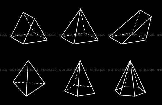 Pyramids and prisms collection vector illustration, black background, square or hexagonal, pentagonal figures, triangular shapes with tetrahedron.. Pyramids and Prisms Collection Vector Illustration. Стоковая иллюстрация, агентство Ingram Publishing / Фотобанк Лори