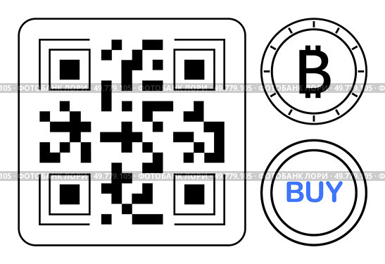 QR code centered with Bitcoin symbol and BUY button. Ideal for cryptocurrency tutorials, payment systems, financial technology, online transactions, investment guides, fintech apps, and digital. QR Code for Bitcoin Payments with Cryptocurrency and Buy Options. Стоковая иллюстрация, агентство Ingram Publishing / Фотобанк Лори