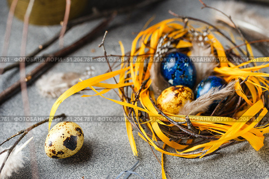 Quail easter eggs with feathers in nest on brown table with copy space. Стоковое фото, фотограф Ирина Буракова / Фотобанк Лори