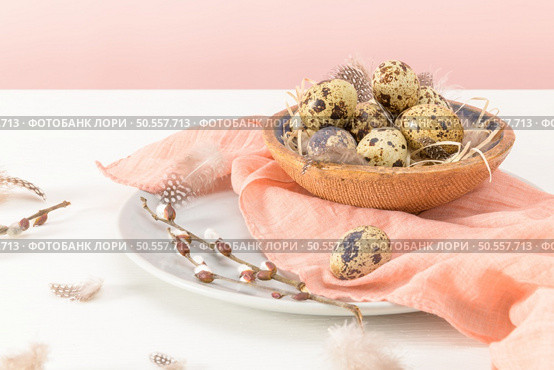 Quail eggs in a ceramic bowl with a peach fuzz pink colored scarf and bird feathers. Wooden table painted white and a plain pink background. Background with elements suggestive of the Easter season. Стоковое фото, агентство Ingram Publishing / Фотобанк Лори