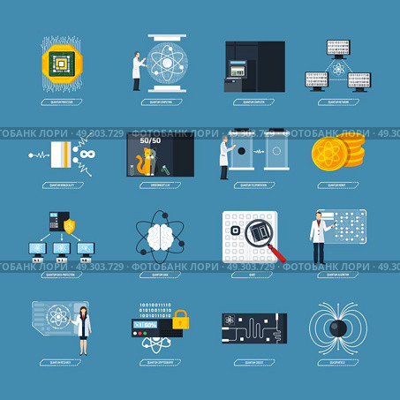 Quantum Computing Flat Icons. Quantum physics flat decorative icons set of processor logic qubit teleportation atomic structure cryptography symbols isolated vector Illustration. Стоковая иллюстрация, агентство Ingram Publishing / Фотобанк Лори