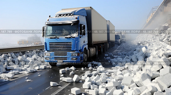 Queue of trucks in snowy mountains is waiting for clearing pass from snow landslide or avalanche. Стоковое AI-изображение, AI-художник Данила Большаков / Фотобанк Лори