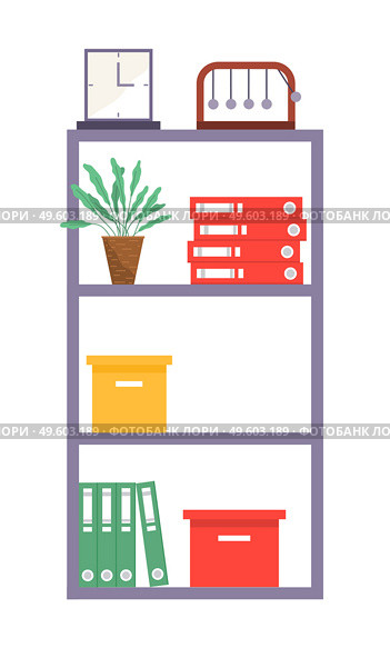 Rack with shelves furniture, office stand with folders, boxes with archive files, newton s cradle, clock, houseplant in pot, information stand with decoration, cartoon vector icon isolated at white. Rack with shelves, furniture, office stand with folders, boxes with files, newton s cradle, clock. Стоковая иллюстрация, агентство Ingram Publishing / Фотобанк Лори