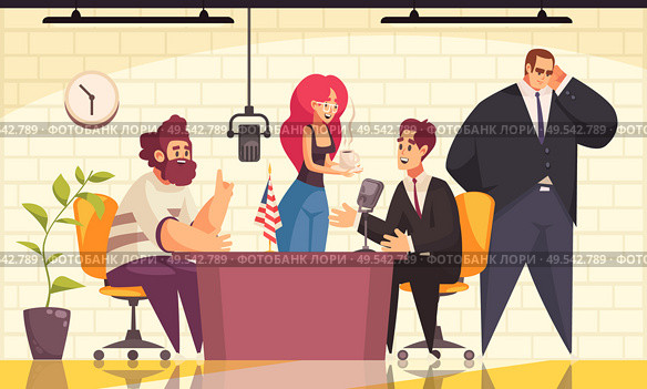 Radio show with politician interview on air symbols flat vector illustration. Стоковая иллюстрация, агентство Ingram Publishing / Фотобанк Лори