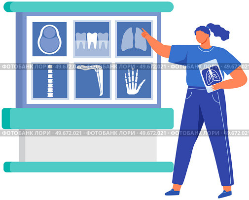Radiologist, doctor profession person working on x-ray scanner diagnostics. Results of medical research of human bones on screen. Technology for dagnosis of musculoskeletal system diseases with x-ray. Radiologist, doctor working with technology for dagnosis of musculoskeletal system diseases, x-ray. Стоковая иллюстрация, агентство Ingram Publishing / Фотобанк Лори