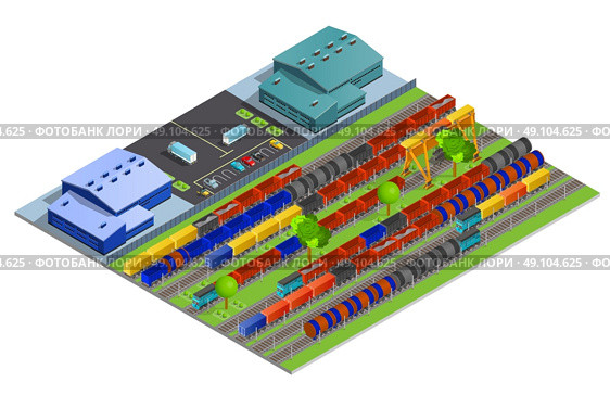 Railroad Cargo Transportation Isometric Design Concept  . Railroad cargo transportation isometric design concept with warehouse constructions and railway tracks with cisterns containers refrigerators flat  vector illustration. Стоковая иллюстрация, агентство Ingram Publishing / Фотобанк Лори