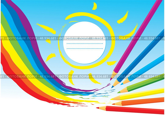 Rainbow, sun and color Pencils - Design Concept for album. Стоковая иллюстрация, агентство Ingram Publishing / Фотобанк Лори