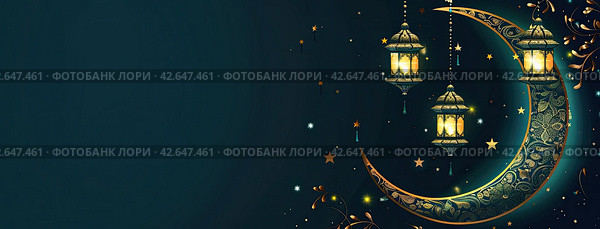 Ramadan Karim, the crescent of Ramadan, the banner of the Islamic festival of Eid Mubarak on social networks and the template of the post of Eid Mubarak, Islam. Стоковое AI-изображение, AI-художник Ярославский Максим / Фотобанк Лори