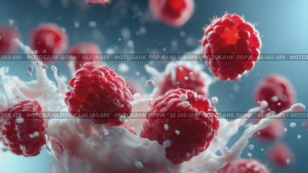 Raspberries splashing into milk, creating a delicious mess. Стоковое AI-видео, аниматор Юрий Поздников / Фотобанк Лори
