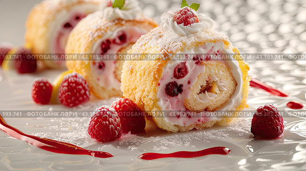 Raspberry cream roll cakes on a white background. Sweet joy. Стоковое AI-изображение, AI-художник Ярославский Максим / Фотобанк Лори