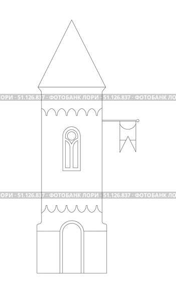 Rasterized copy coloring page Medieval castle tower with flag isolated on white background, cutout ready. Стоковая иллюстрация, иллюстратор Елена  Попкова / Фотобанк Лори