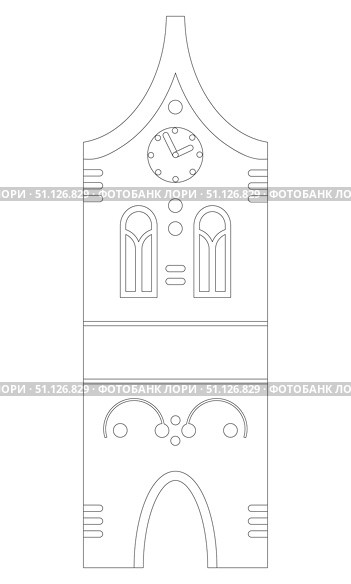 Rasterized copy coloring page Medieval house with clock tower isolated on white background, cutout ready. Стоковая иллюстрация, иллюстратор Елена  Попкова / Фотобанк Лори