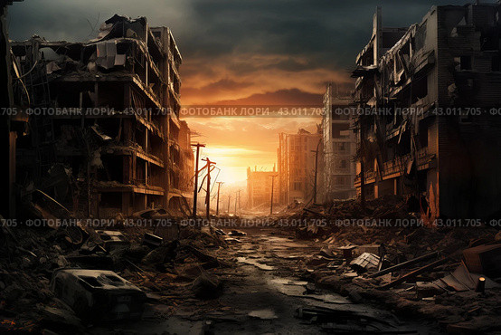 Ravaged Destroyed city buildings. Generate AI. Стоковое AI-изображение, AI-художник Иван Рябоконь / Фотобанк Лори