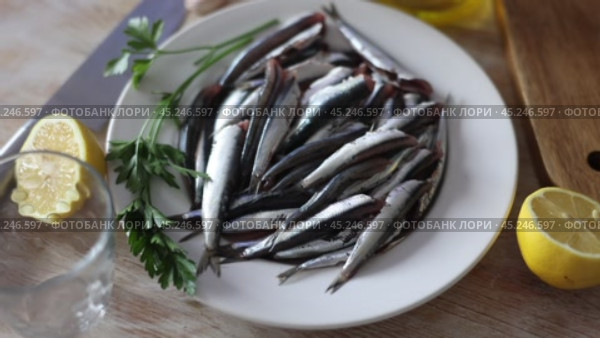 Raw anchovy fish served on plate. Стоковое видео, видеограф Яков Филимонов / Фотобанк Лори