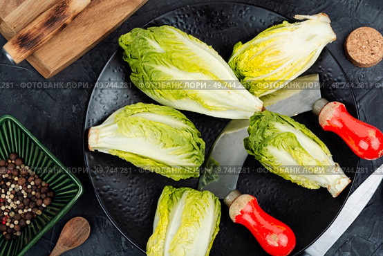 Raw green Romaine lettuce hearts. Baby cos lettuce leaves.. Group of Romaine lettuce hearts. Стоковое фото, агентство Ingram Publishing / Фотобанк Лори