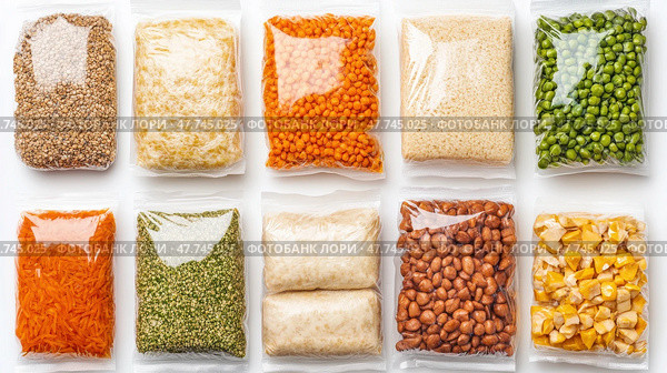 Разнообразие упакованных сушеных продуктов, представленных в вакуумных пакетах для удобства хранения. Стоковое AI-изображение, AI-художник ФотоИнтеллект / Фотобанк Лори