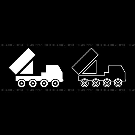 Reactive system volley fire salvo artillery American multiple launch on wheeled chassis high mobility army military truck set icon white color vector illustration image simple solid fill outline contour line thin flat style. Reactive system volley fire salvo artillery American multiple launch on wheeled chassis high mobility army military truck air defense anti aircraft set icon white color vector illustration image solid fill outline contour line thin flat style. Стоковая иллюстрация, агентство Ingram Publishing / Фотобанк Лори