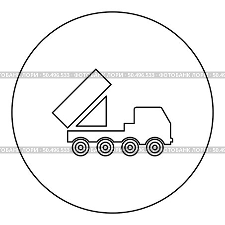 Reactive system volley fire salvo artillery American multiple launch on wheeled chassis high mobility army military truck icon in circle round black color vector illustration image outline contour line thin style simple. Reactive system volley fire salvo artillery American multiple launch on wheeled chassis high mobility army military truck air defense anti aircraft icon in circle round black color vector illustration image outline contour line thin style. Стоковая иллюстрация, агентство Ingram Publishing / Фотобанк Лори