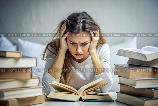 Reads, prepares for exams. use. Admission to the institute. A young girl holds her head among many books, stays at home and studies. Стоковое AI-изображение, AI-художник Photojuli / Фотобанк Лори