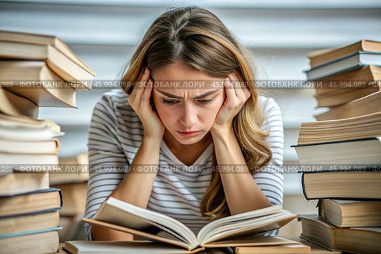 Reads, prepares for exams. use. Admission to the institute. A young girl holds her head among many books, stays at home and studies. Стоковое AI-изображение, AI-художник Photojuli / Фотобанк Лори