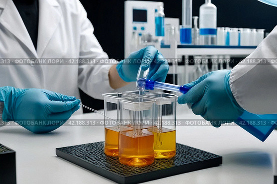 Reagents acid suspensions for experiments at white background, conical flasks and test tubes with acid. Close up of flask with sample of acid, still life. Chemical industry concept. Copy ad text space. Стоковое AI-изображение, AI-художник Aleksandr Golubev / Фотобанк Лори