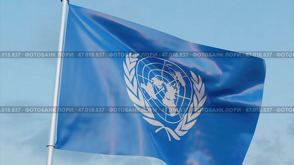 Realistic blue flag waving in the wind on blue background. Стоковая иллюстрация, иллюстратор David Kashakhi / Фотобанк Лори