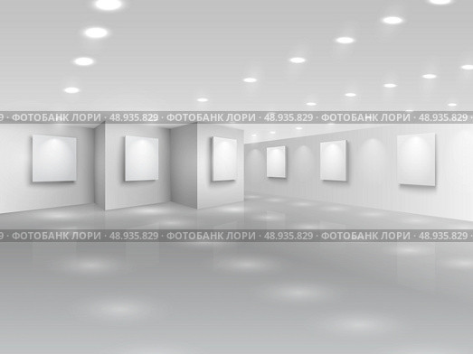Realistic gallery hall with blank white canvases vector illustration. Стоковая иллюстрация, агентство Ingram Publishing / Фотобанк Лори