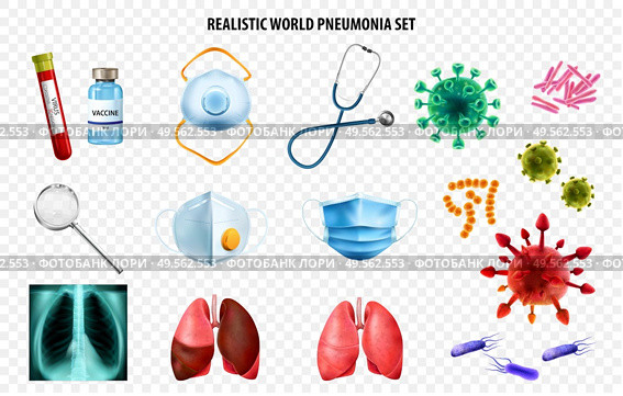Realistic world pneumonia day transparent icon set with respirator bacteria xray stethoscope mask lungs vector illustration. Стоковая иллюстрация, агентство Ingram Publishing / Фотобанк Лори
