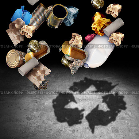 Recycle and recycling concept as a symbol of throwing garbage and reusable waste management as old paper glass metal and plastic household products casting a shadow of the icon and symbol of reusing for environmental conservation in a 3D illustration style. Стоковое фото, агентство Ingram Publishing / Фотобанк Лори