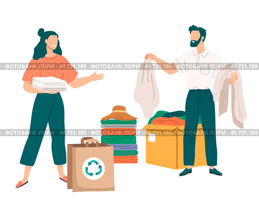 Recycling clothes. Vector illustration. Fabric recycling reduces demand for new materials and conserves resources Reusable cloth shopping bags are eco-friendly alternative to plastic Recycling clothes. Recycling clothes. Renewable materials offer sustainable alternatives to traditional fabrics. Стоковая иллюстрация, агентство Ingram Publishing / Фотобанк Лори