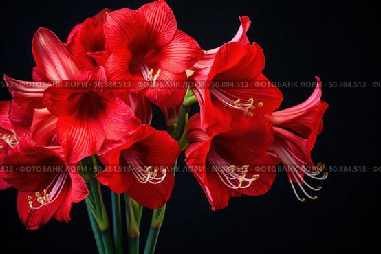 Red amaryllis flowers blooming on black background. Стоковое AI-изображение, AI-художник Иван Рябоконь / Фотобанк Лори